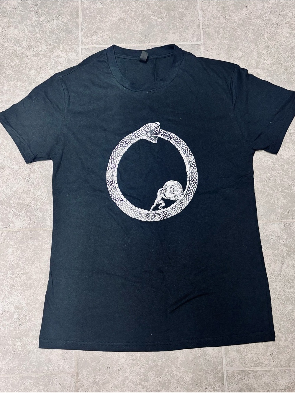 Graphic T-Shirt - Greek Myth Sisyphus in an Ouroboros Snake on Front -SZ M